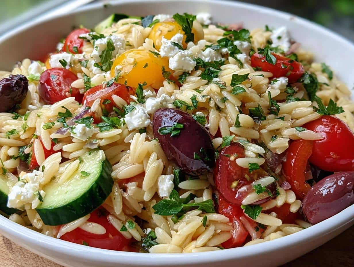 Ensalada Griega de Orzo: 30 Minutos y Sabor Fantástico 5 Ensalada Griega de Orzo: Ingredientes frescos como tomates cherry, pepino y aceitunas Kalamata.
