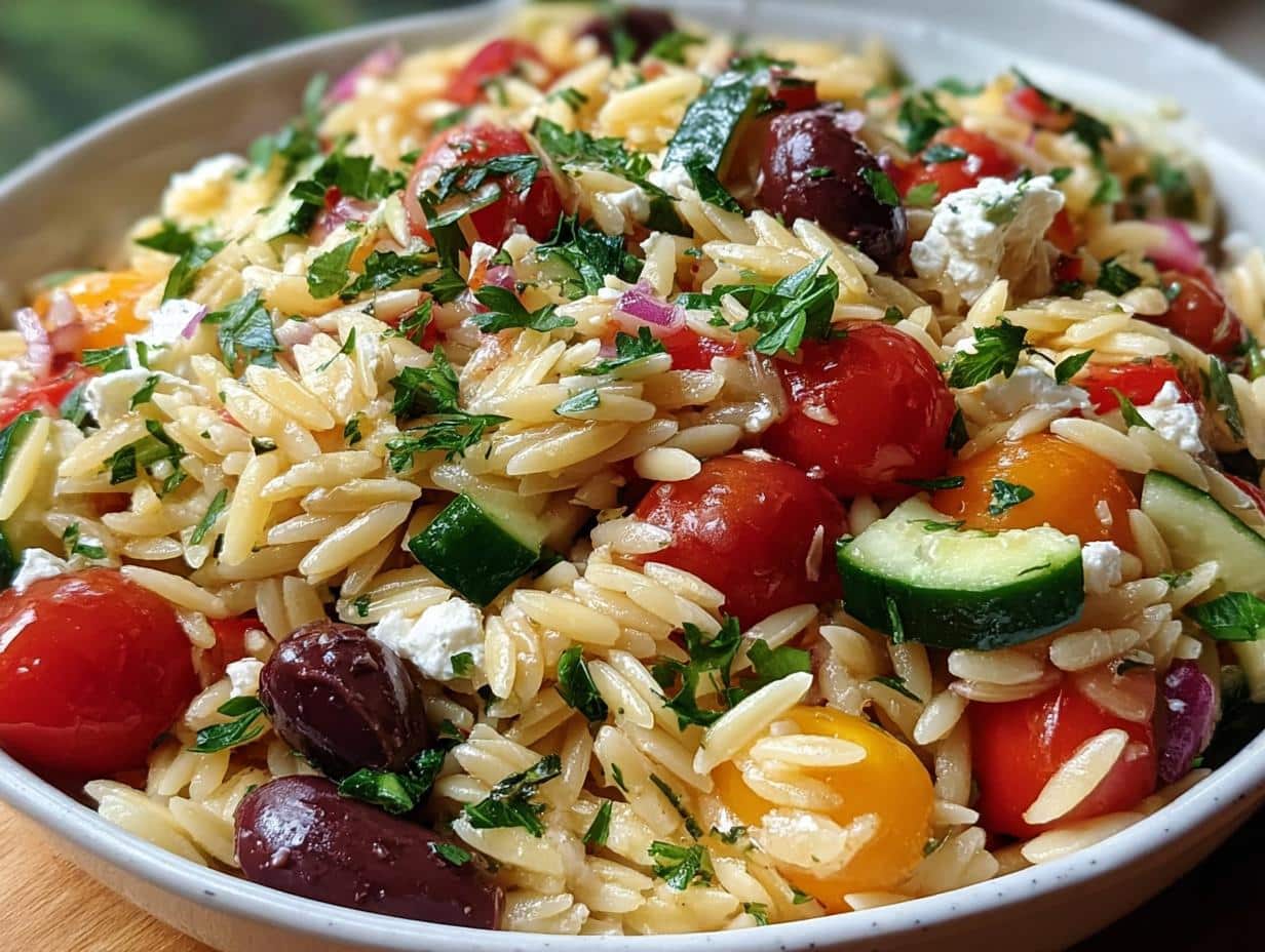 Ensalada Griega de Orzo: 30 Minutos y Sabor Fantástico 6 Ensalada Griega de Orzo: Mezcla de orzo cocido con verduras frescas y aderezo de limón.