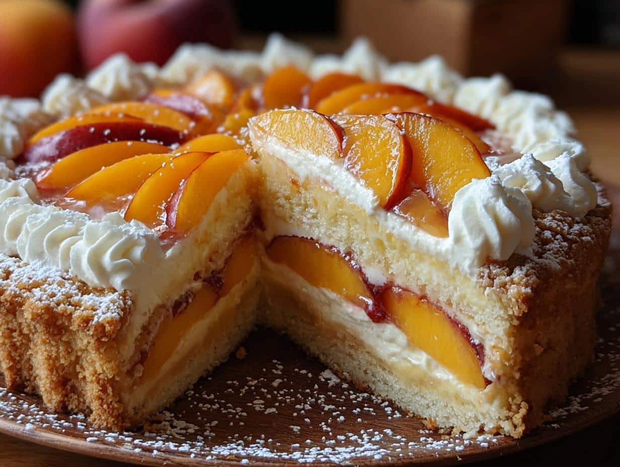 Pastel Fácil Duraznos Crema: Sabor Perfecto 89 Pastel Fácil Duraznos Crema: Sabor Perfecto - Pastel Facil Duraznos Crema - decorated with peach slices