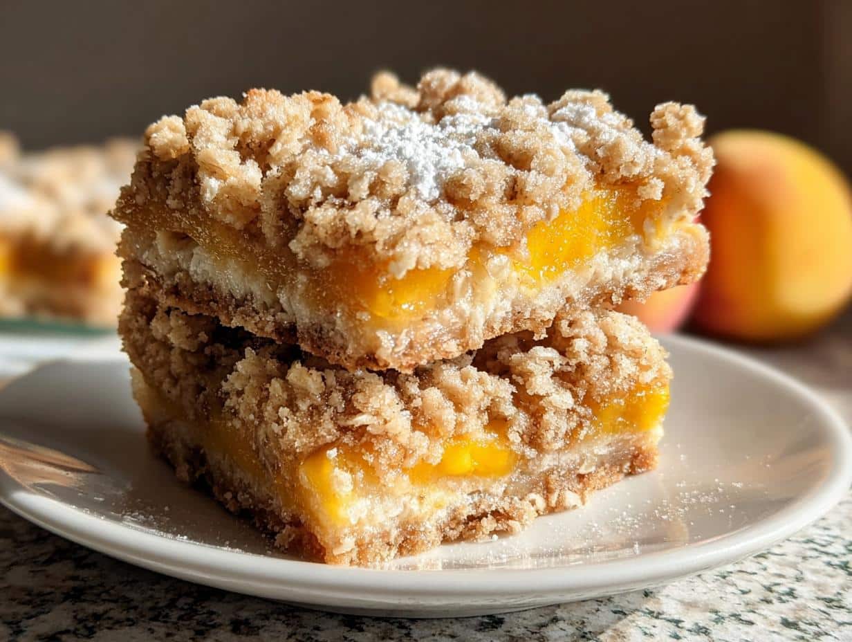 Barras Melocotón Verano: Delicia 20 Min - Peach Bars Summertime Delight - close up of a baked bar