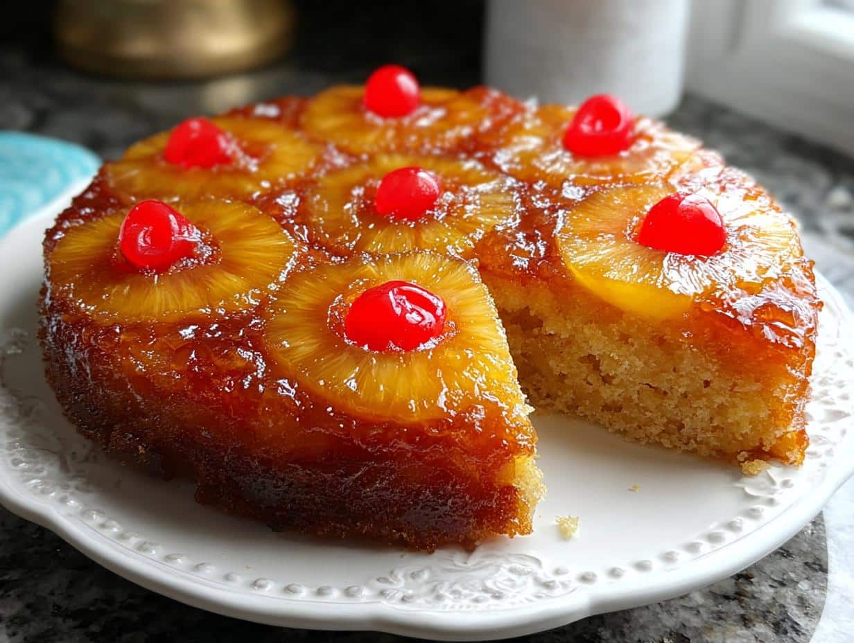 Tarta de Piña Invertida: ¡Sabor inolvidable! - Pineapple Upside Down Cake - close-up of the caramelized pineapple topping