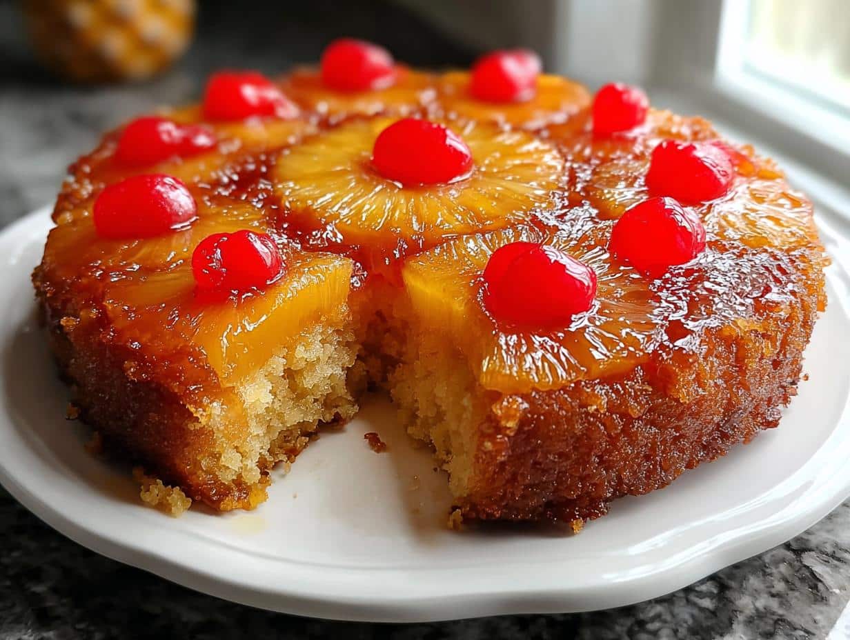 Tarta de Piña Invertida: ¡Sabor inolvidable! - Pineapple Upside Down Cake - serving suggestion with ice cream