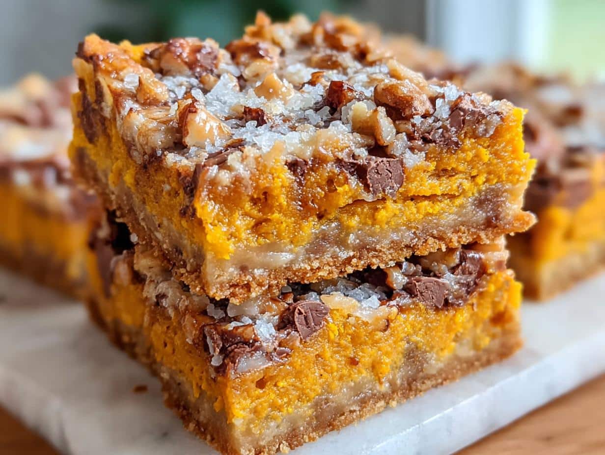 Barras Mágicas Calabaza Otoño: Delicia Increíble - Pumpkin Magic Bars Fall - close-up of the finished bars with chocolate and toffee chips