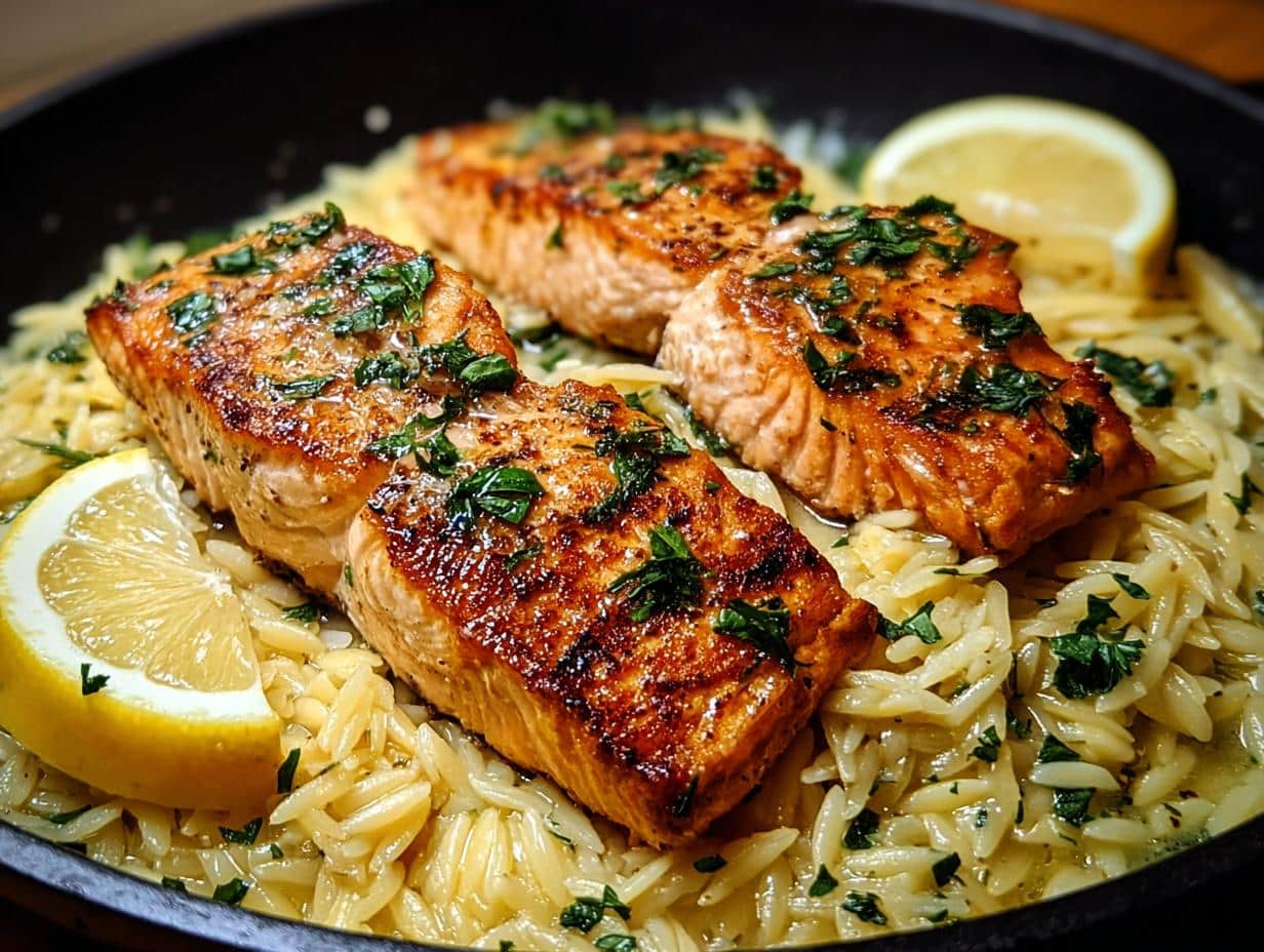 Salmón a la sartén jugoso con orzo al limón