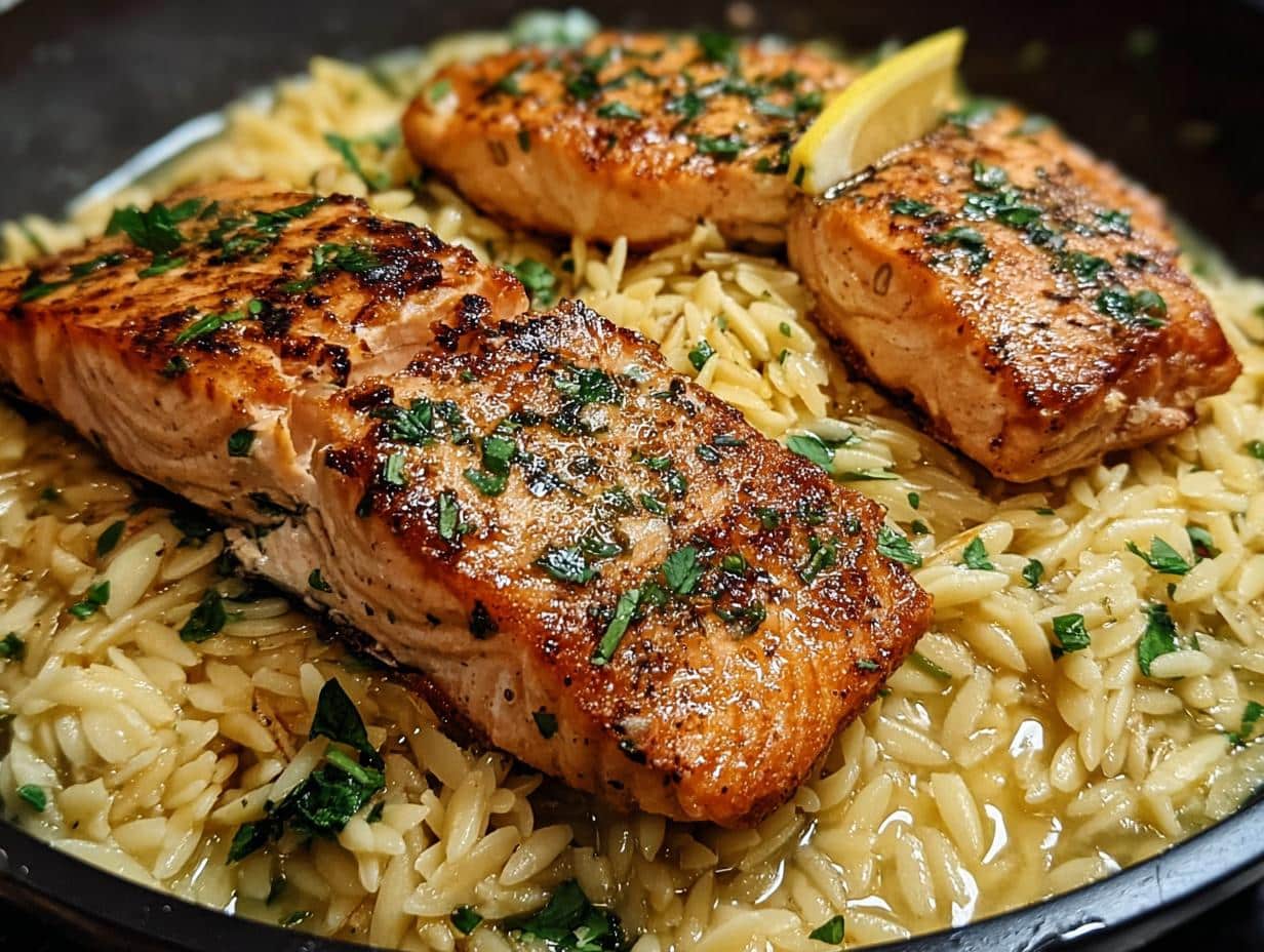 Salmón a la sartén con orzo y limón