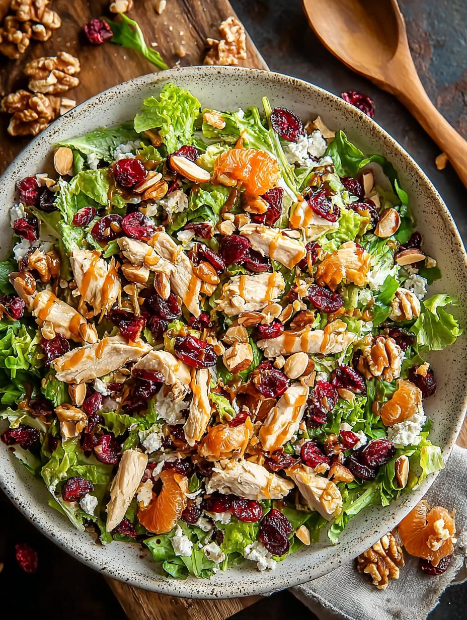 Deliciosa Asian Chicken Cranberry Salad lista para mezclar con pollo desmenuzado, arándanos y mandarinas
