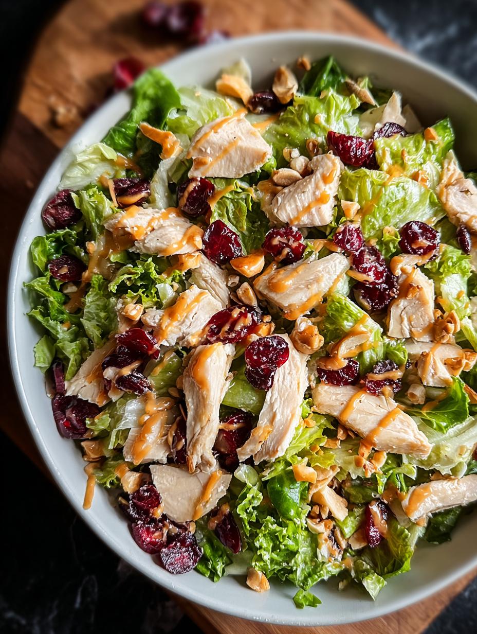 Vibrante Asian Chicken Cranberry Salad mezclándose con aderezo, mostrando lechugas frescas y cilantro
