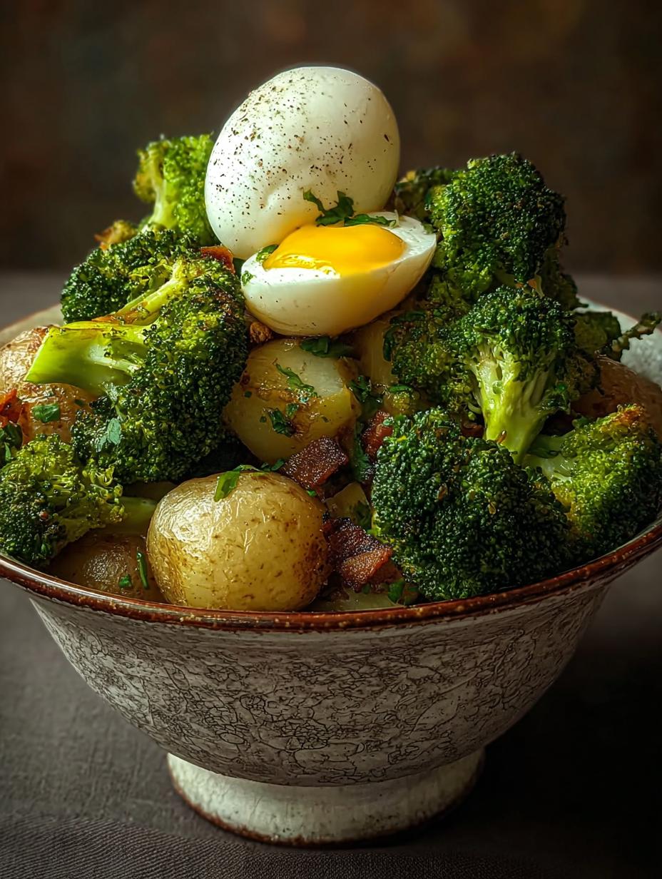 Irresistible Brócoli Con Patatas Huevo fresco y saludable en un plato blanco