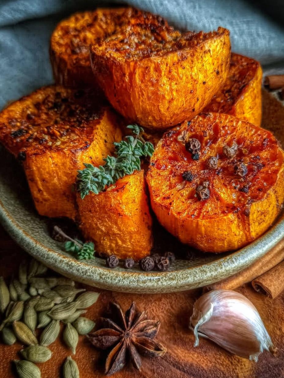 Irresistible Calabaza Asada Con Especias con hierbas frescas en una bandeja para hornear