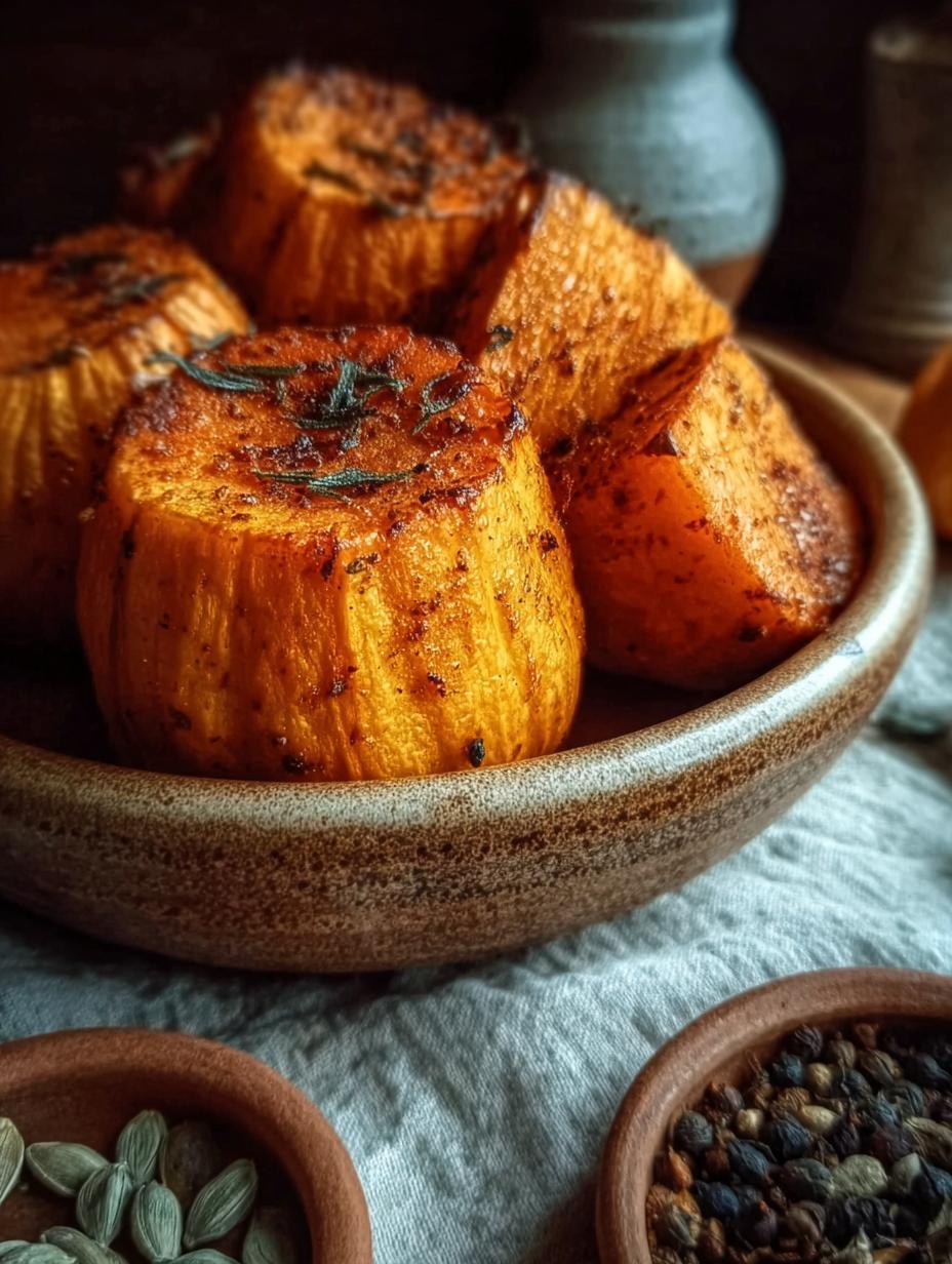 Deliciosa Calabaza Asada Con Especias servida en un plato con hierbas frescas