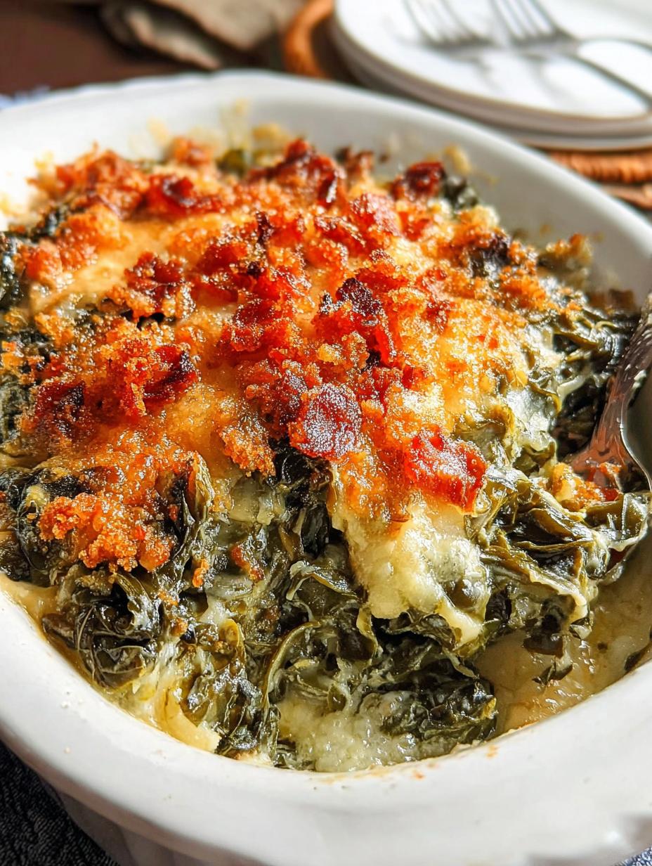 Delicioso Cheesy Collard Greens Gratin recién horneado con cobertura dorada y burbujeante