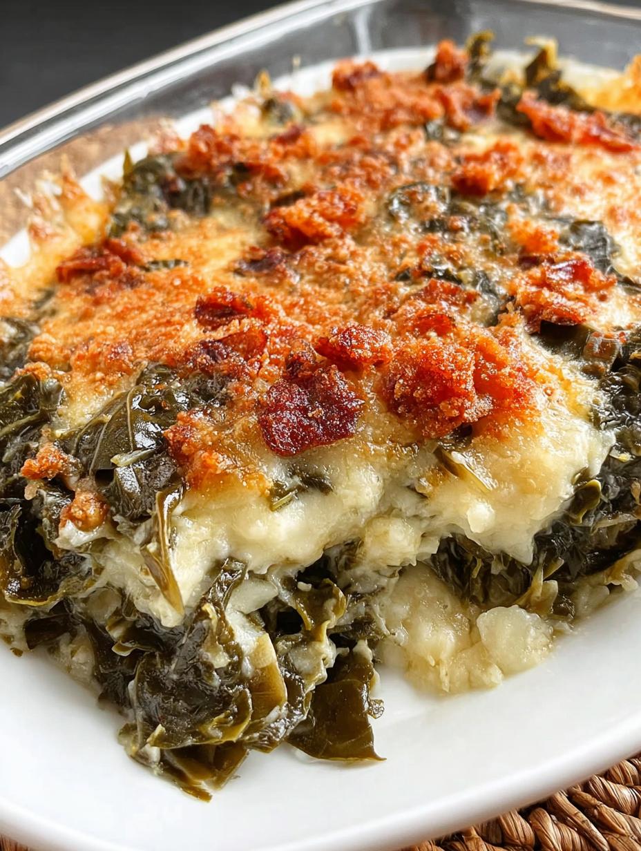 Primer plano de Cheesy Collard Greens Gratin con queso derretido y hierbas frescas