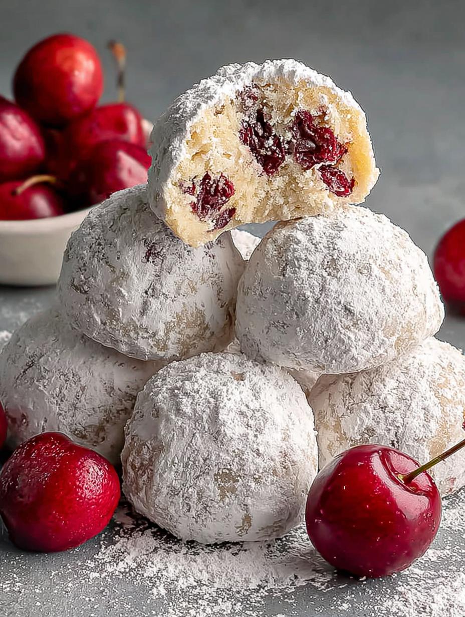 Cherry Snowball Cookies Festive: ¡5 Recetas Únicas! 77 Irresistibles Cherry Snowball Cookies Festive recién horneadas en una bandeja con azúcar glas