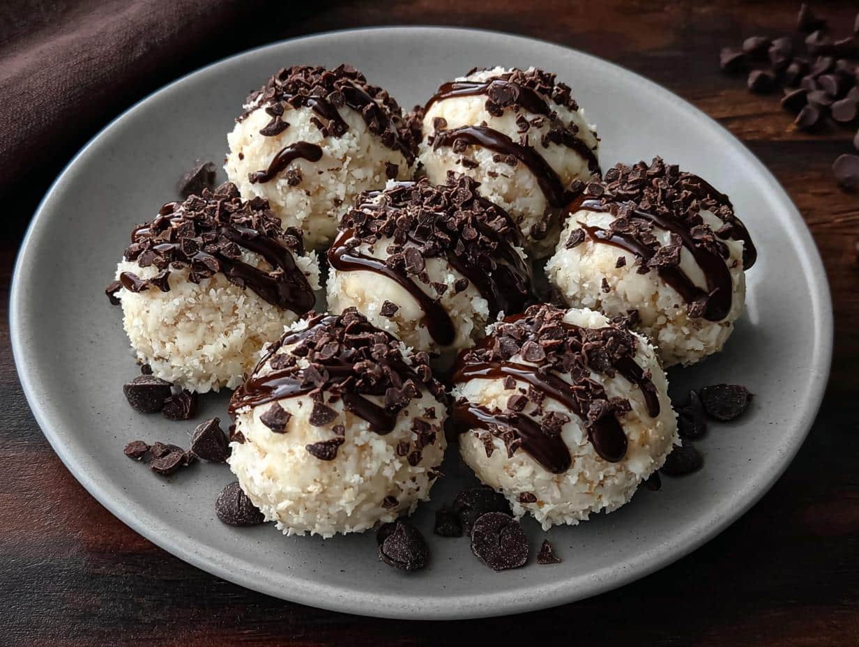 Close-up of Chocolate Chip Cheesecake Balls with chocolate drizzle