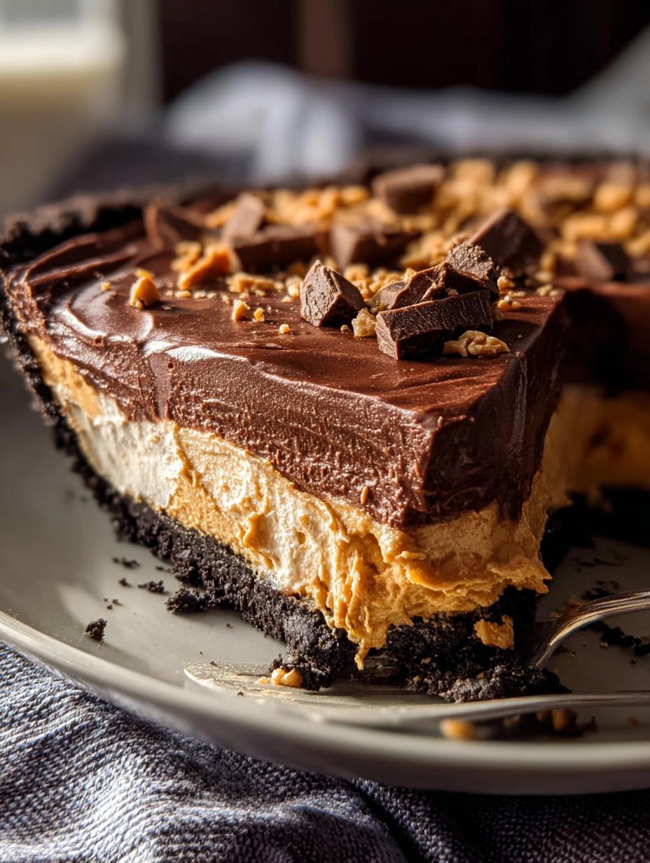 Deliciosa porción de Chocolate Peanut Butter Pie con capas de chocolate y crema de cacahuete