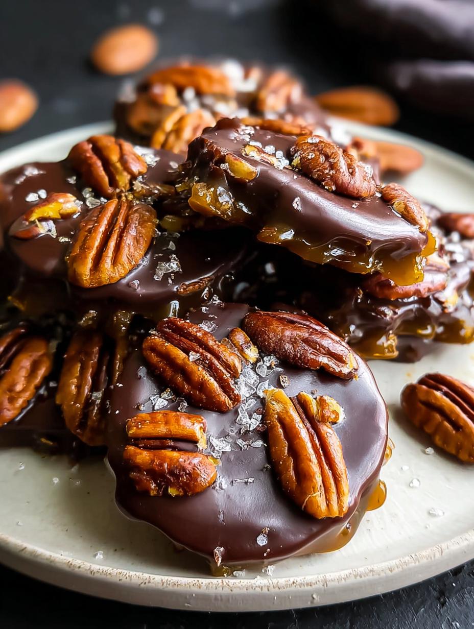 Exquisitas Chocolate Turtles For Decadent con un brillo perfecto y sal marina espolvoreada