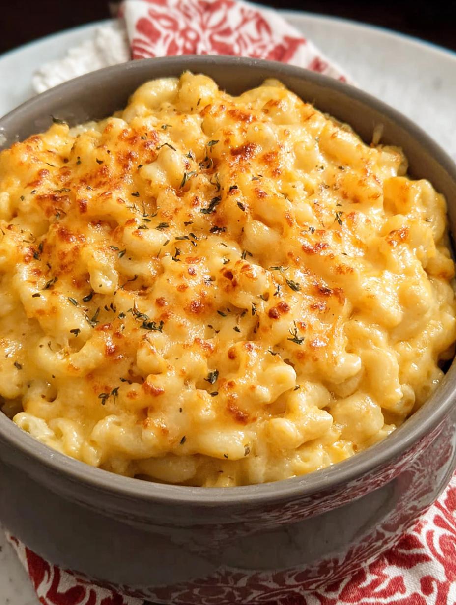 Cremoso Crock Pot Mac Cheese listo para servir en un tazón blanco, adornado con perejil fresco.