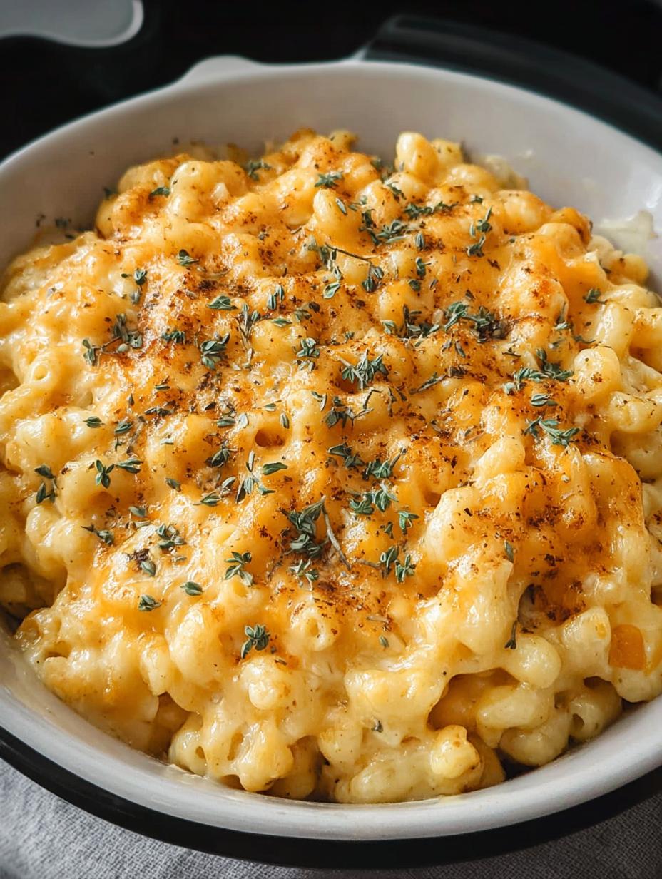 Primer plano de Crock Pot Mac Cheese burbujeante y cremoso en una olla de cocción lenta, listo para servir.
