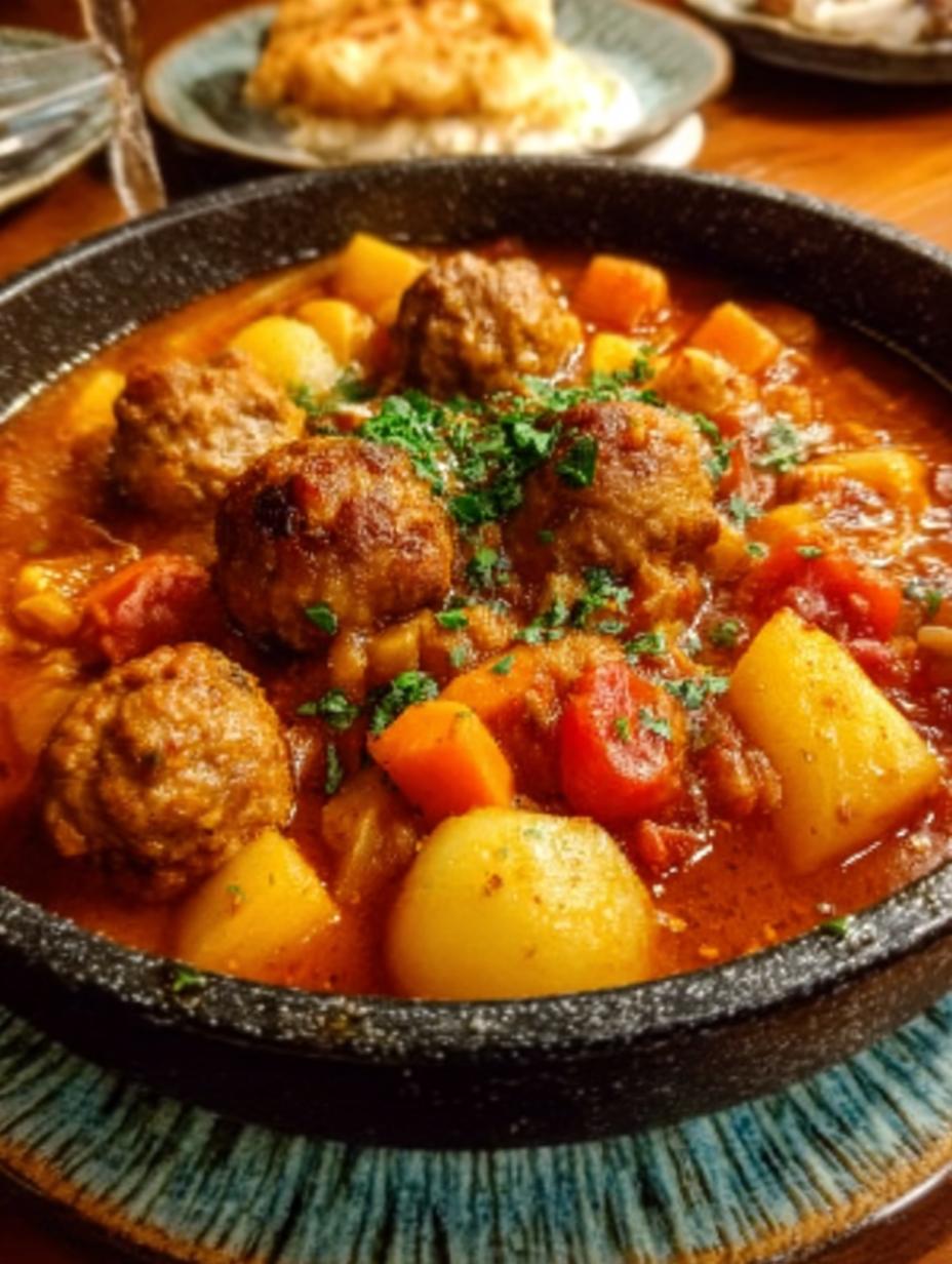 Delicioso Estofado Albondigas Pollo Una humeante en un tazón rústico