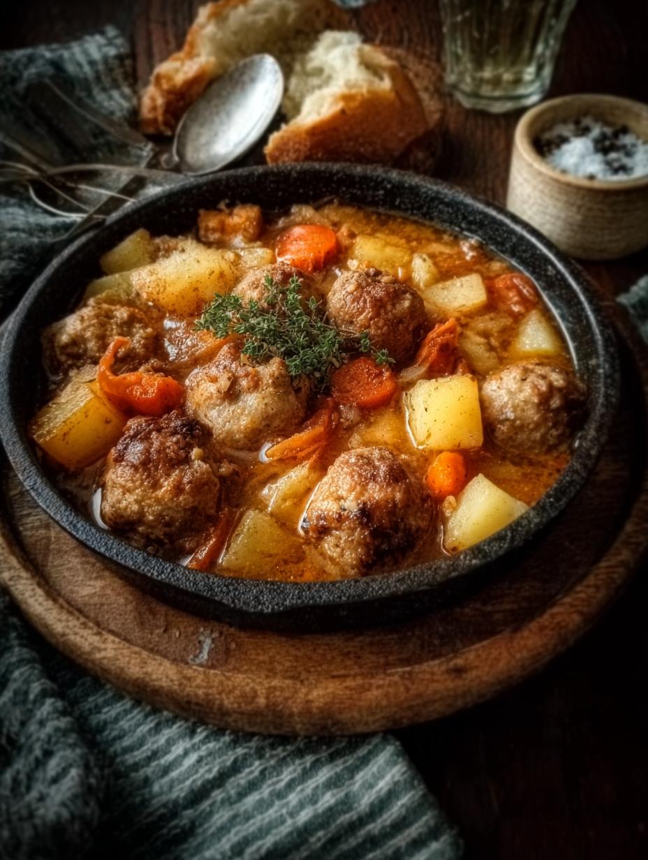 Estofado Albondigas Pollo Una servido con arroz blanco y perejil fresco
