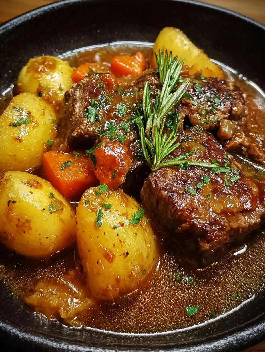 Delicioso Estofado Carne Con Patatas, tierno y jugoso, servido en un plato hondo con perejil fresco