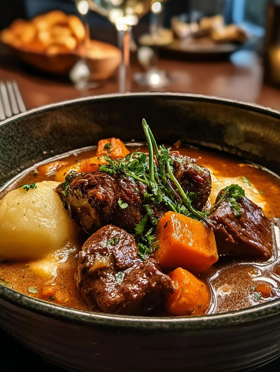 Irresistible Estofado Ternera Clasico Una con carne tierna y verduras en un plato rústico