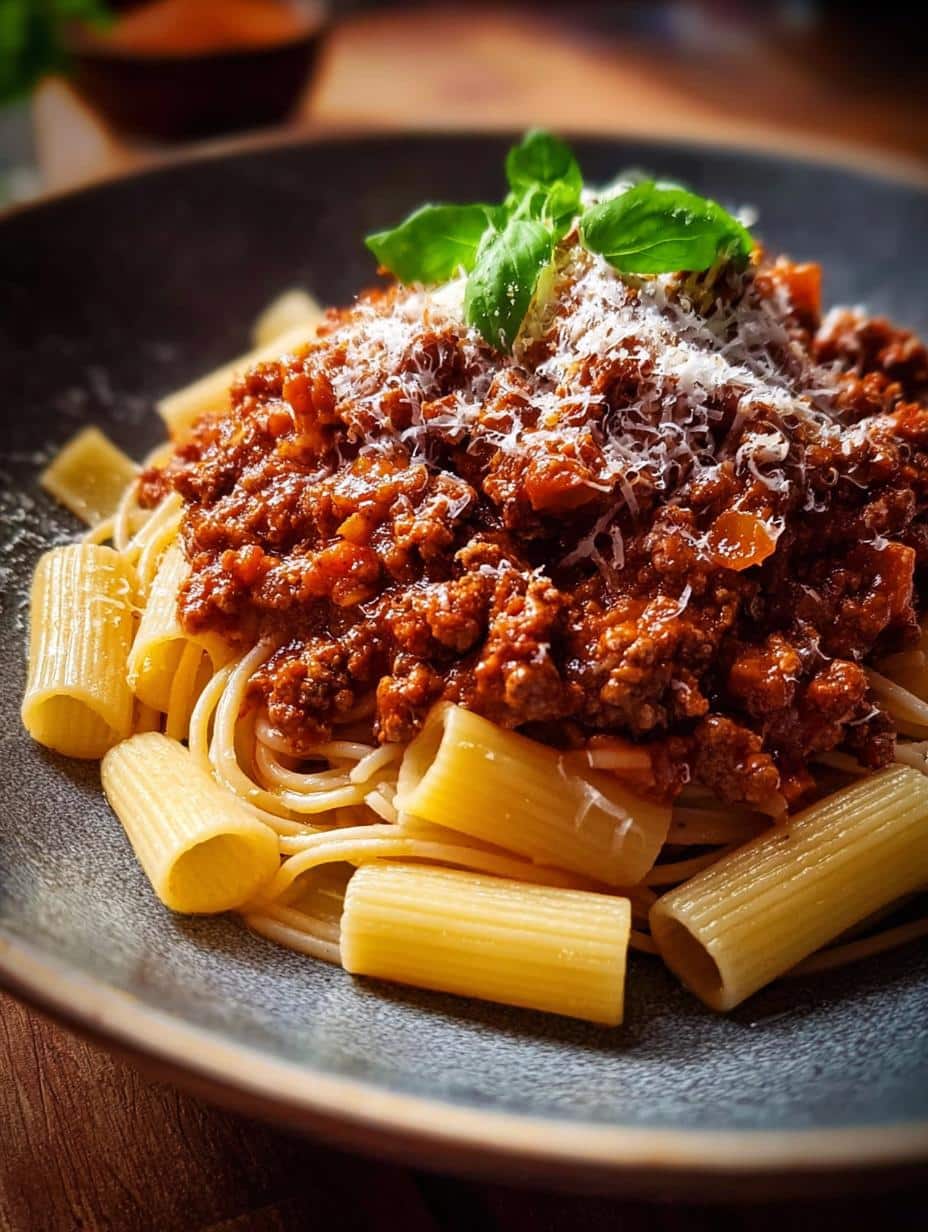Deliciosos Fideos Bolonesa recién servidos con albahaca fresca