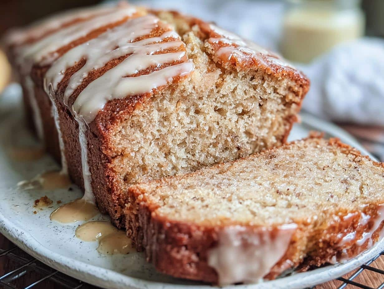 Pan de Plátano Glaseado con Ponche de Huevo: Glazed Eggnog Banana Bread - close-up of the glazed loaf