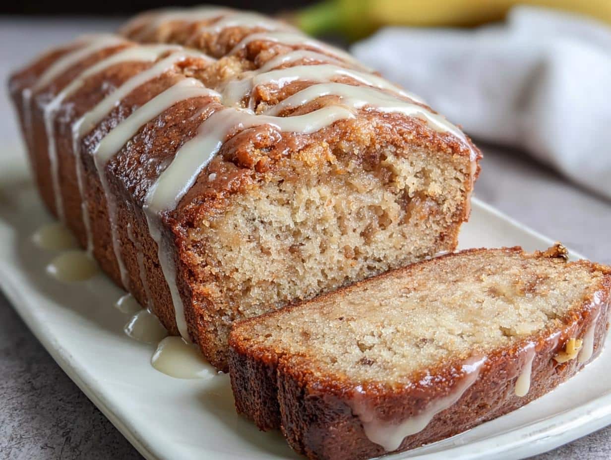 Pan de Plátano Glaseado con Ponche de Huevo: Glazed Eggnog Banana Bread - slice showing texture
