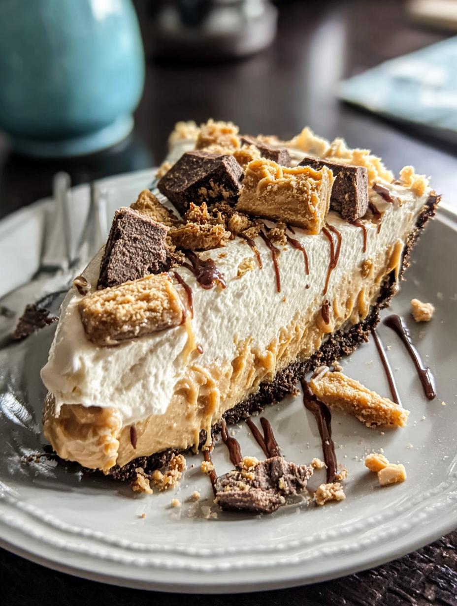 ¡Impactante! La Increíble Tarta de Mantequilla de Cacahuete - Ingredient Peanut Butter Pie - vista de cerca de una porción servida con salsa de chocolate