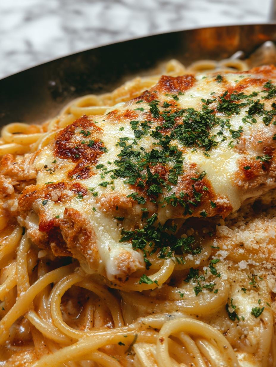 Pasta Cremosa Pollo Parmesano: 1 secreto increíble - Pasta Cremosa Pollo Parmesano servida con albahaca fresca