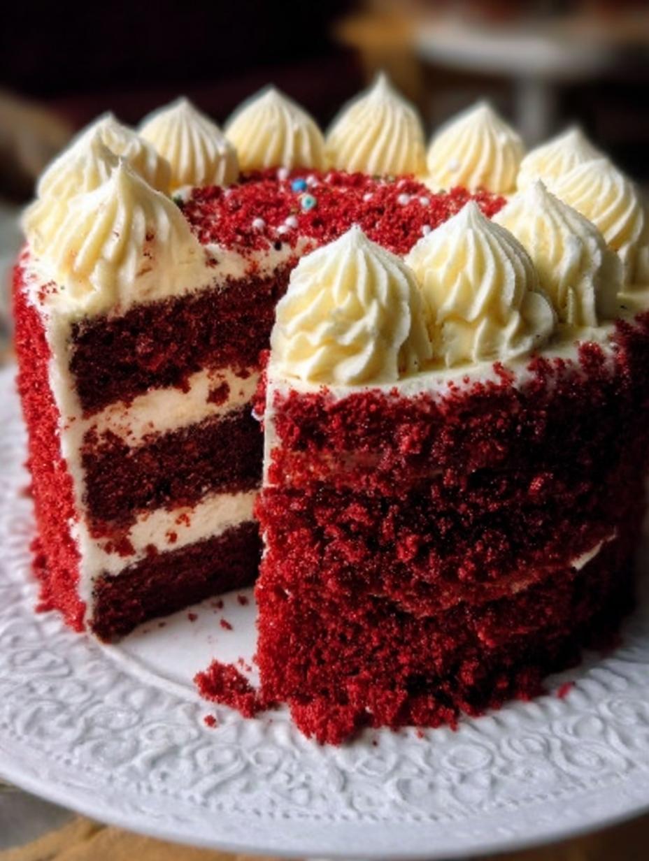 Delicioso Pastel Cumpleanos Terciopelo Rojo en capas con glaseado de queso crema y migas de bizcocho