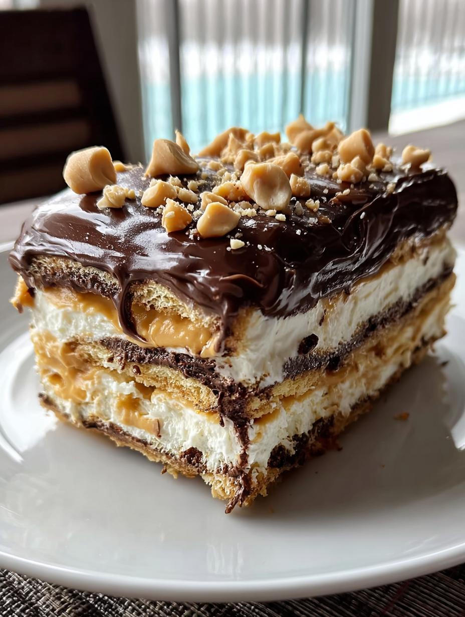 Rebanada de Peanut Butter Chocolate Eclair con capas visibles de galleta y relleno