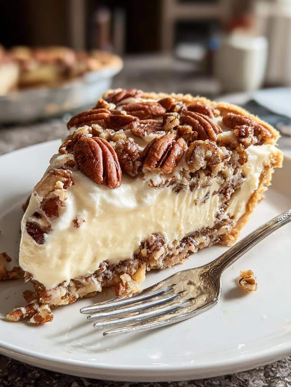 Pecan Cream Pie Heavenly: ¡1 Delicia sublime! - Pecan Cream Pie Heavenly - vista de cerca del pastel con una porción servida, mostrando el relleno cremoso y las nueces tostadas