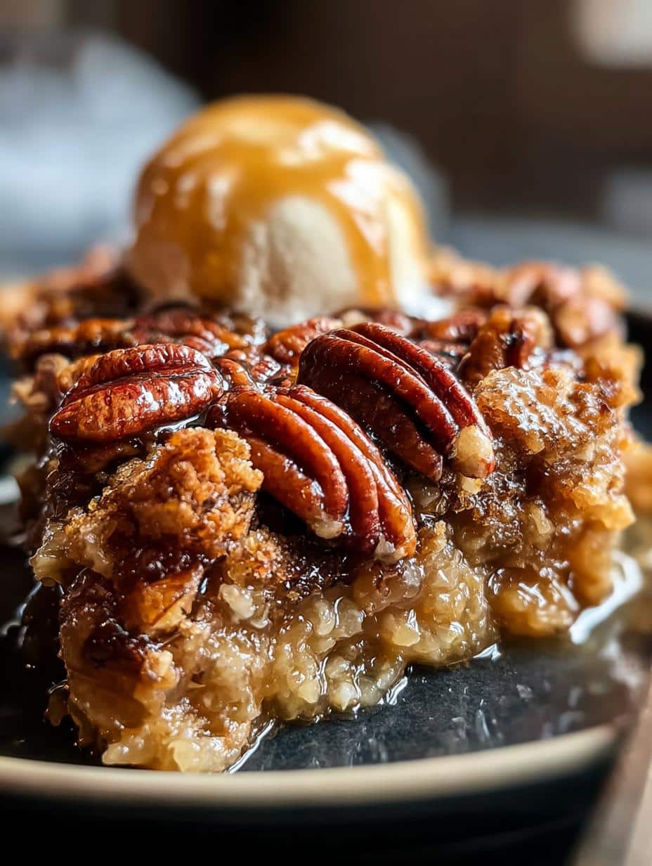 Irresistible Pecan Pie Cobbler Heavenly recién horneado en un molde, mostrando su cobertura dorada y relleno de nueces caramelizadas.