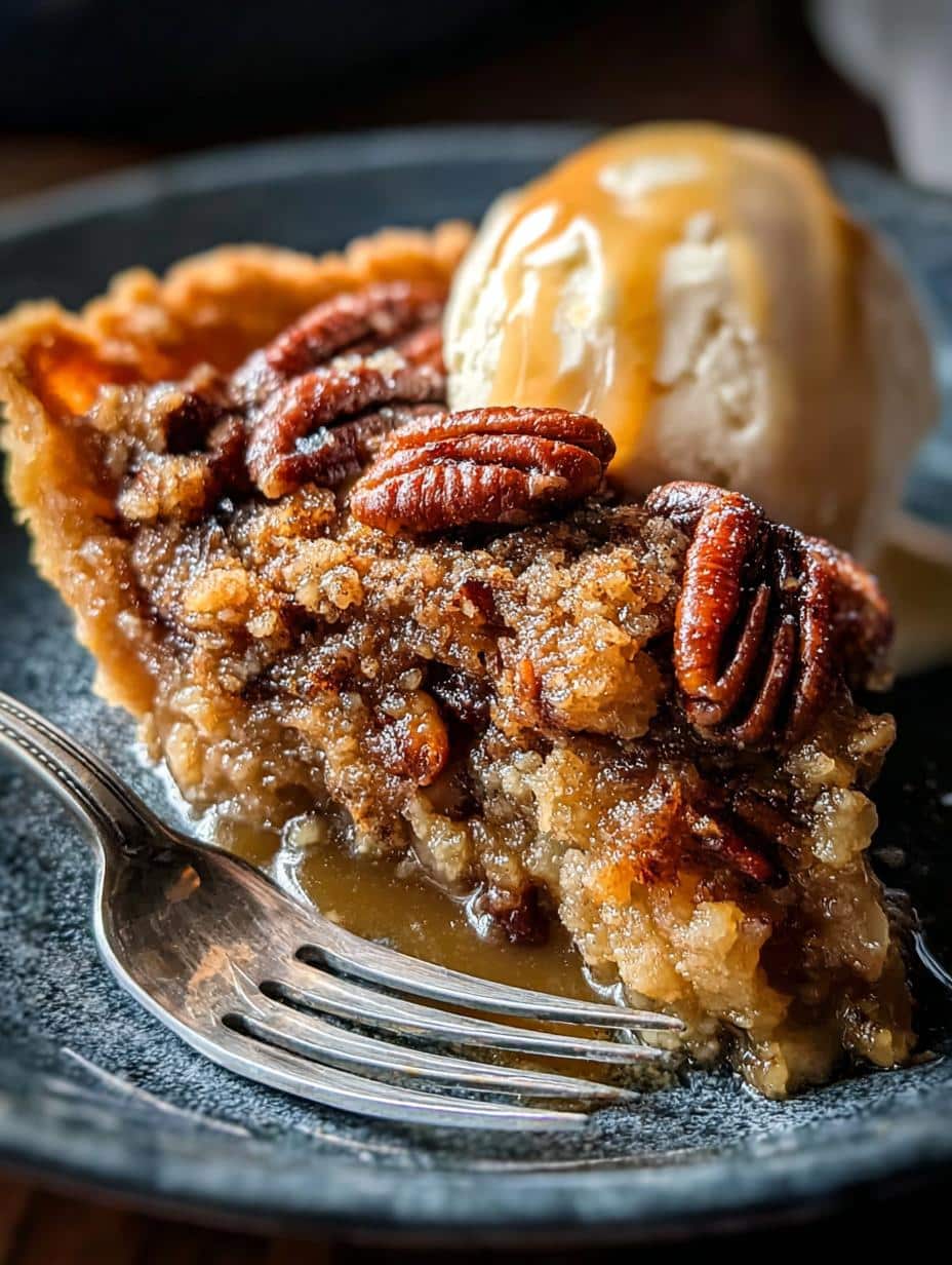 Porción individual de Pecan Pie Cobbler Heavenly servida con una bola de helado de vainilla derretido.