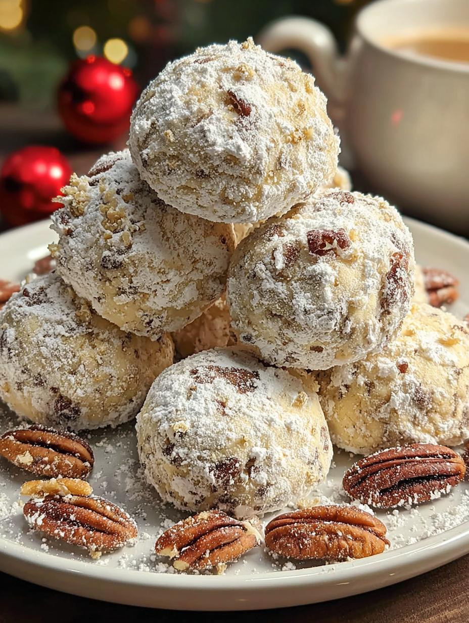 Pecan Snowball Cookies Buttery apiladas y espolvoreadas con azúcar glas, listas para servir