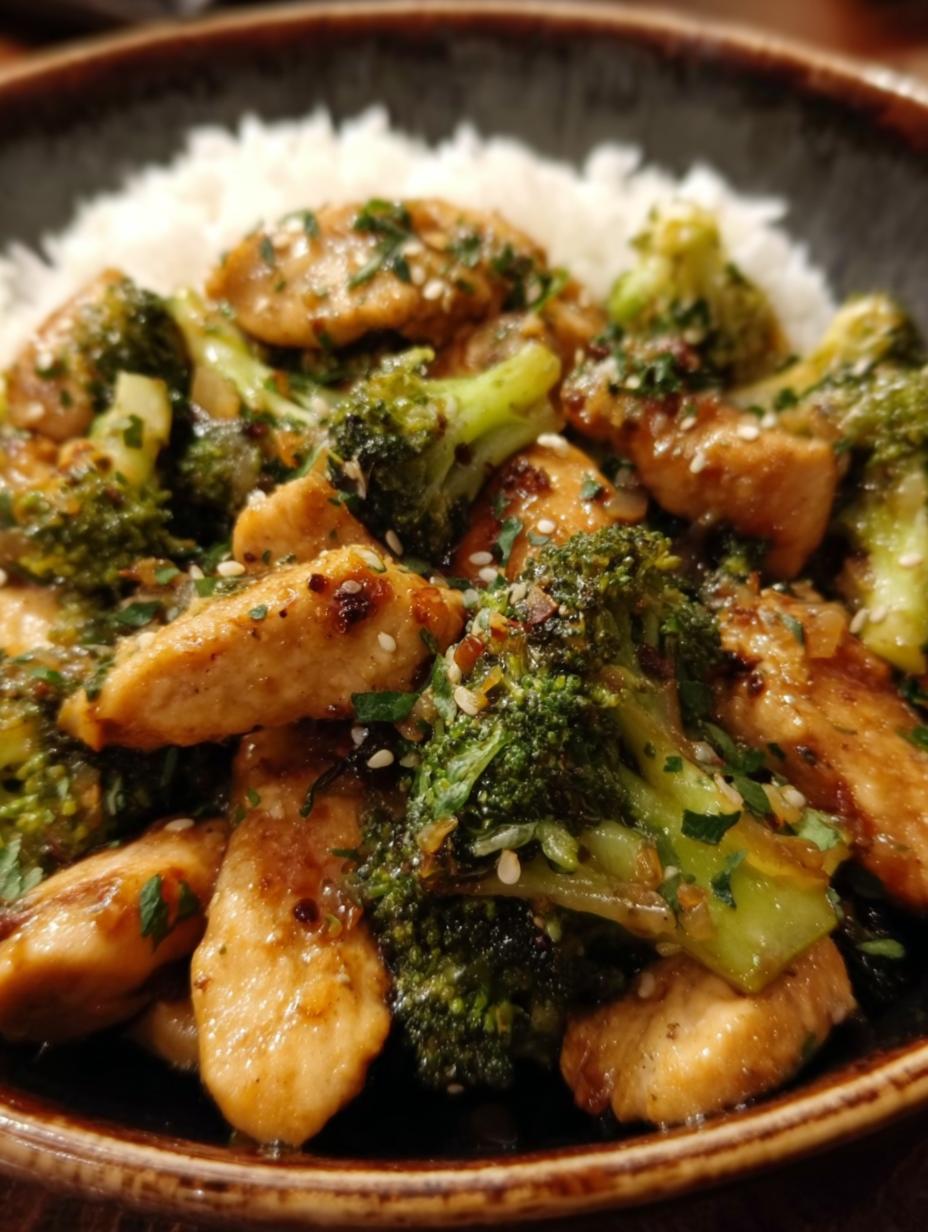 Delicioso Pollo Ajo Con Brocoli con salsa brillante y brócoli fresco en un plato blanco