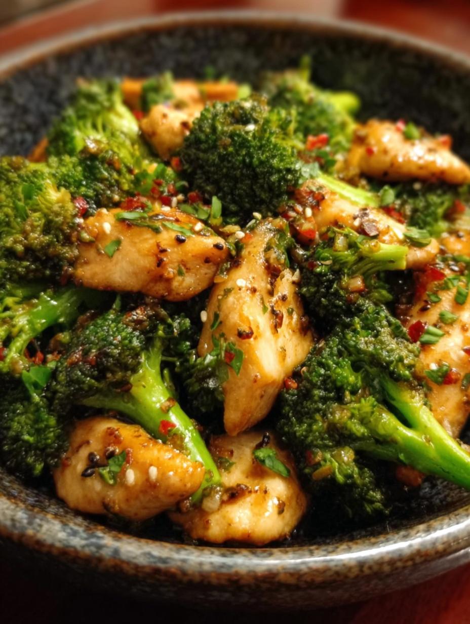 Pollo Ajo Con Brocoli recién cocinado en un sartén, listo para servir