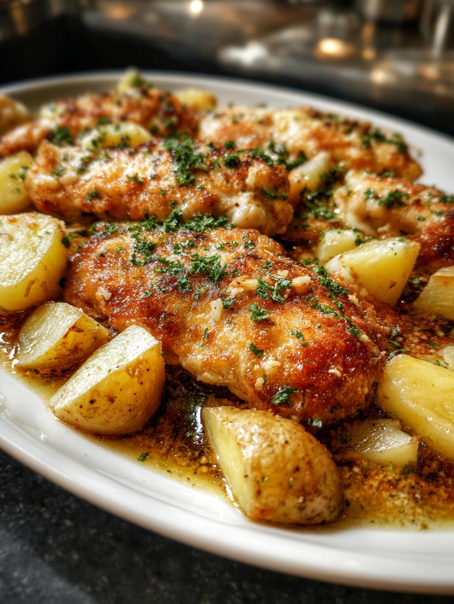 Sorprendente Pollo Con Ajo Parmesano en 4 Horas - Pollo Con Ajo Parmesano - plato principal con pollo, patatas y salsa de ajo y parmesano