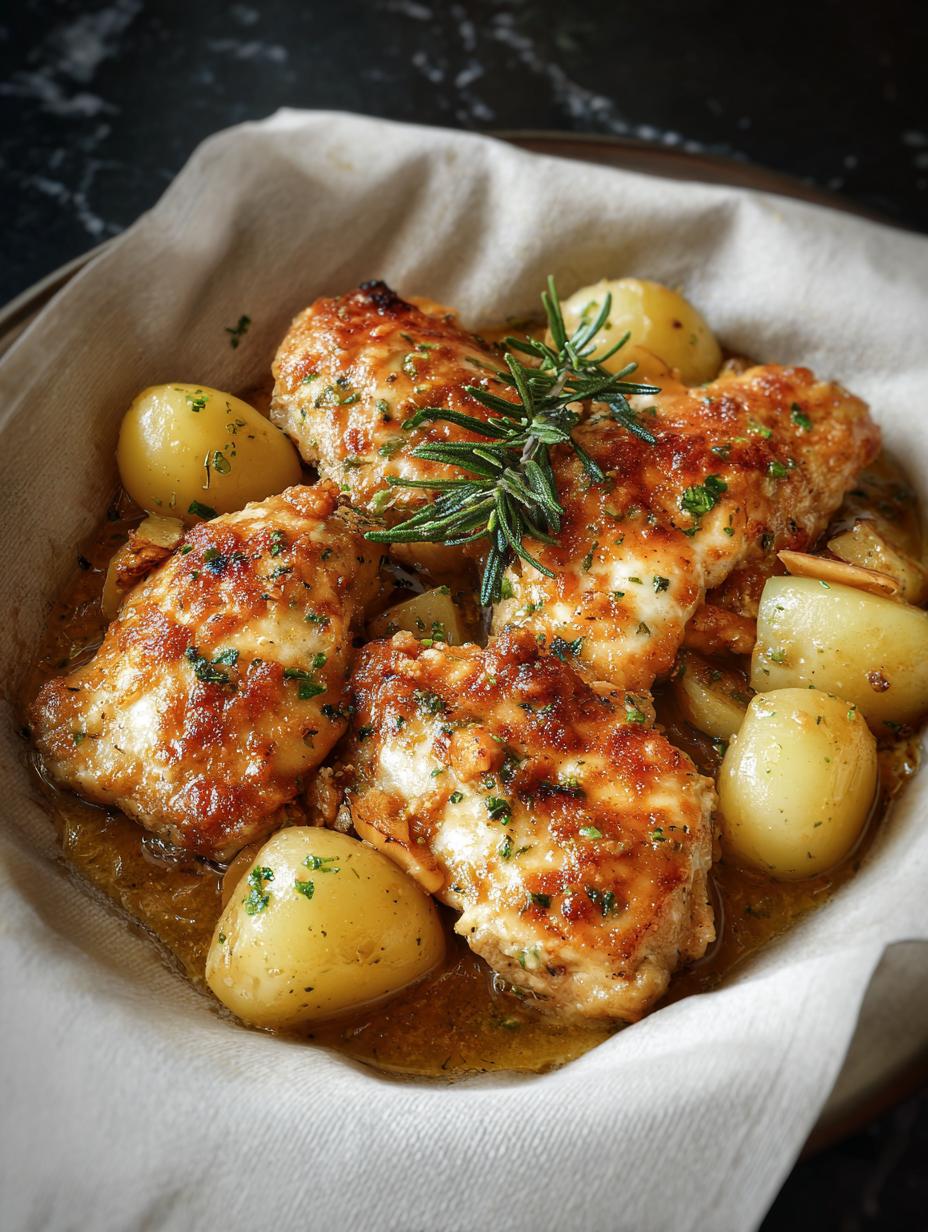 Sorprendente Pollo Con Ajo Parmesano en 4 Horas - Pollo Con Ajo Parmesano - primer plano de pollo tierno con patatas y hierbas