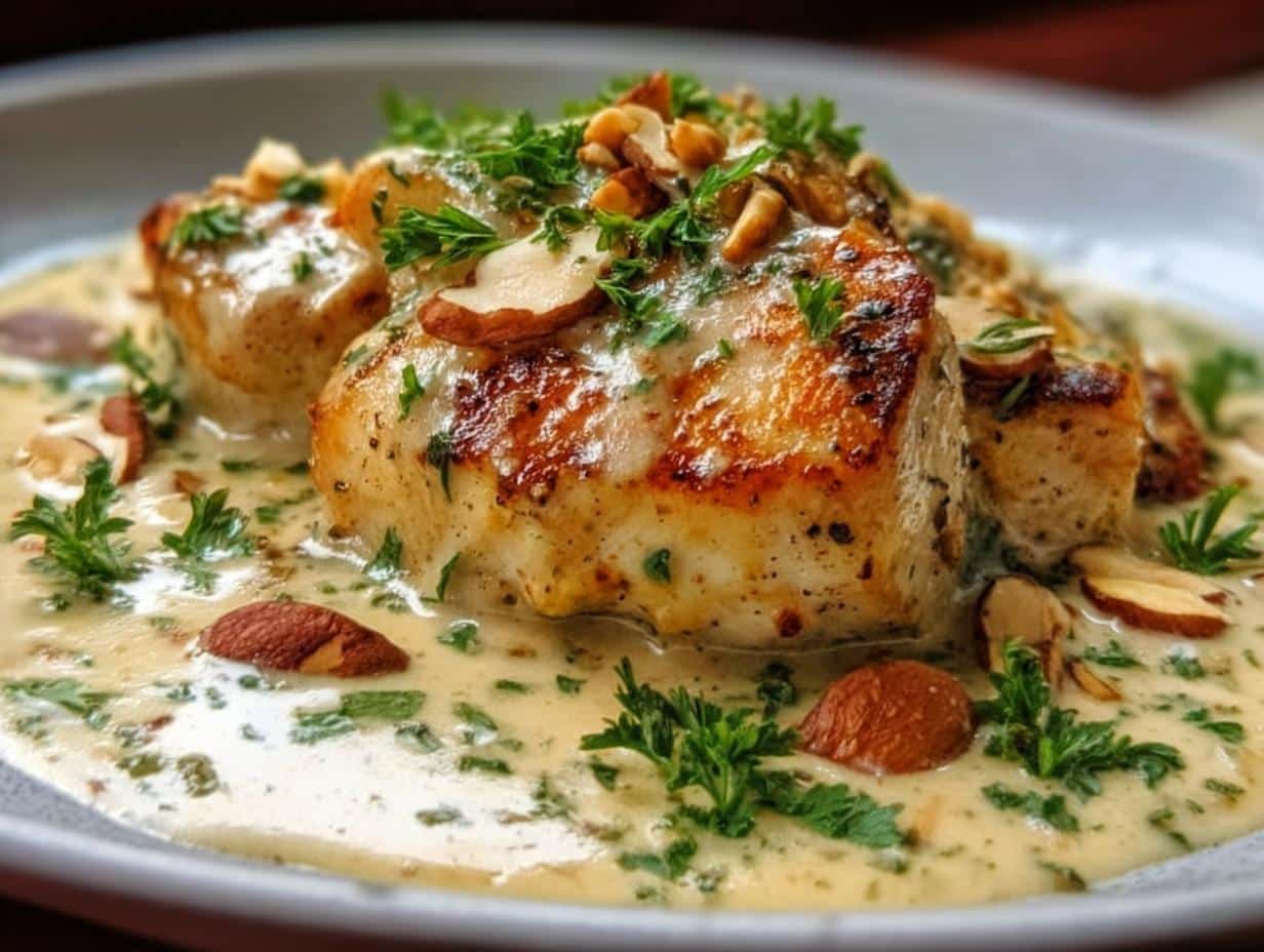 Pollo Con Crema Almendras: Pollo dorado en sartén