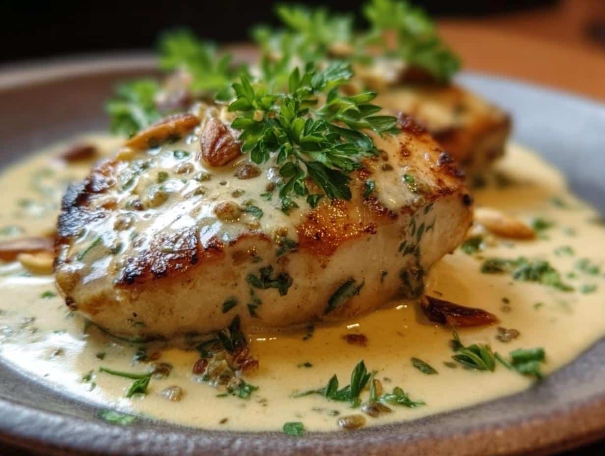 Pollo Con Crema Almendras: Pollo cubierto en salsa cremosa