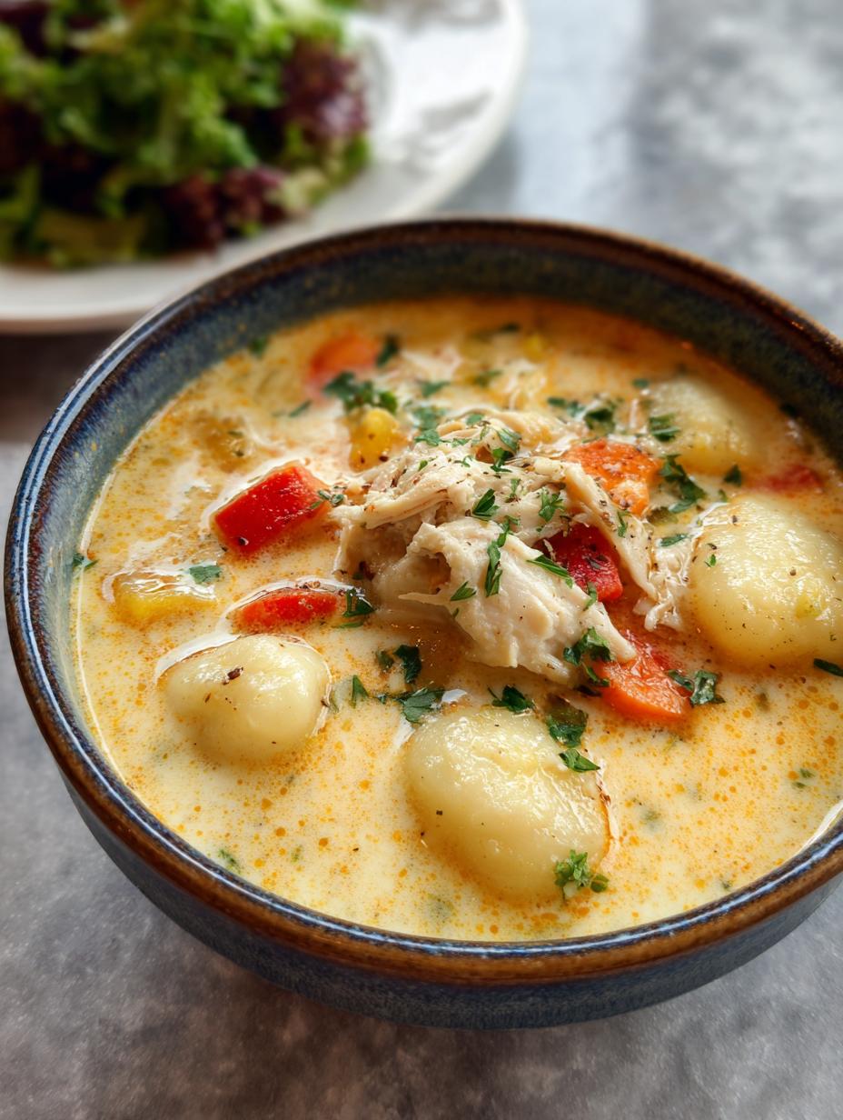Deliciosa Receta Copia Sopa Noquis cremosa con pollo y espinacas, servida en un tazón blanco.