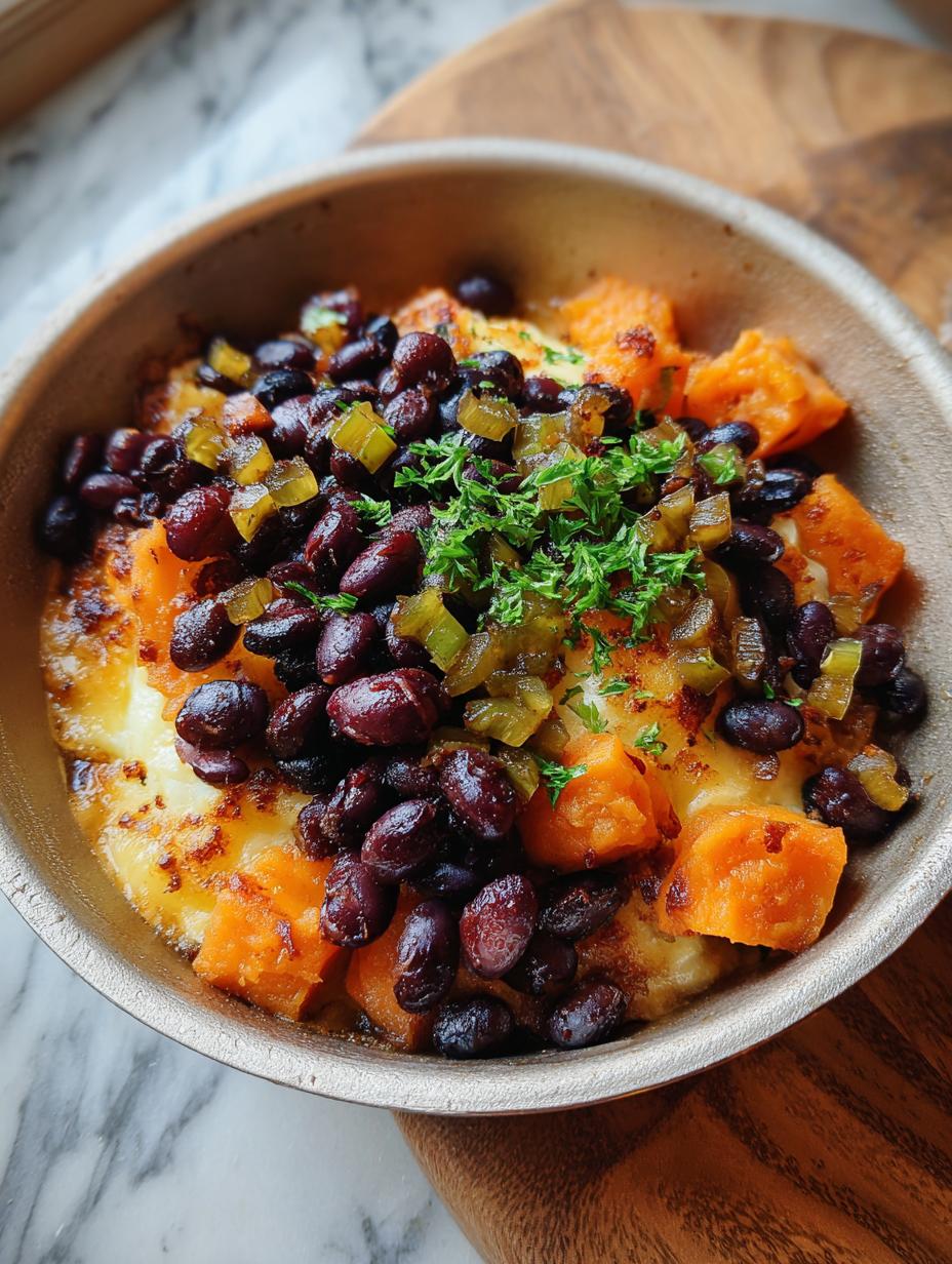 Sartén Patata Dulce Frijoles: ¡1 Cena Mágica! - Sarten Patata Dulce Frijoles - vista de cerca de la sartén de patata dulce y frijoles negros servida con aguacate y cilantro