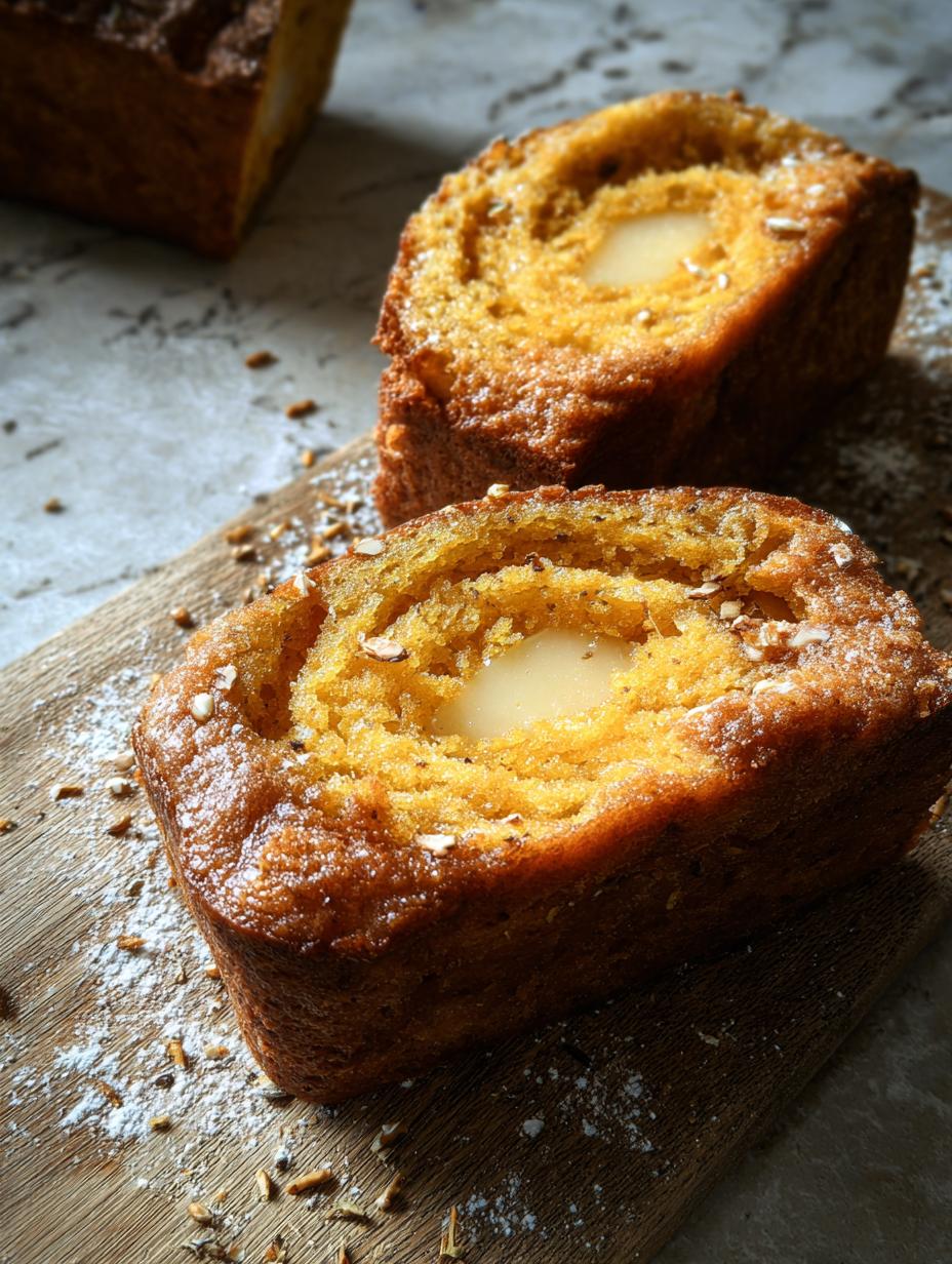 Rebanadas de Serio Mejor Pan Calabaza con un glaseado de queso crema, servidas con una taza de café caliente, ideal para el desayuno.