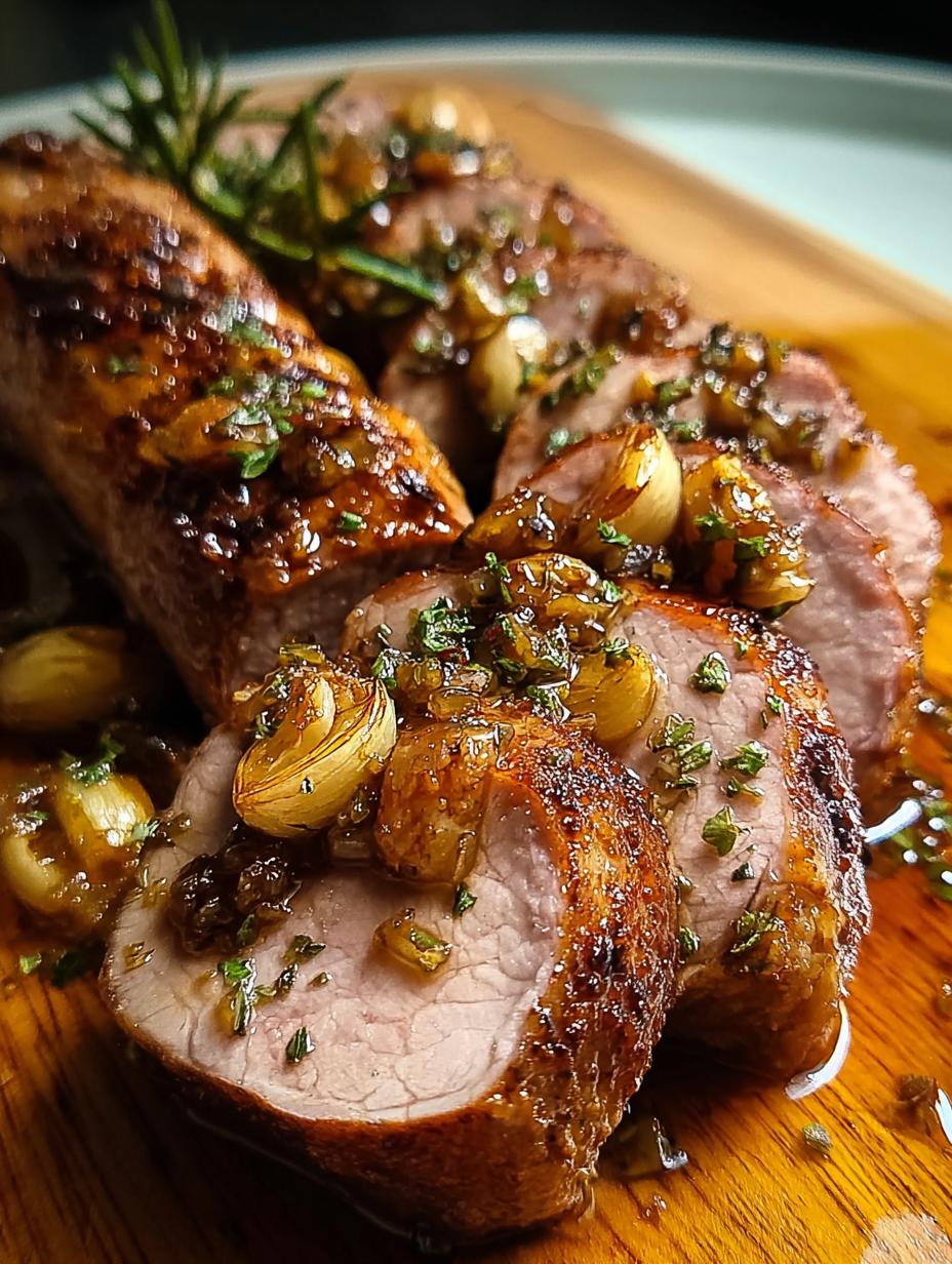 Solomillo Ajillo Una Increible: Plato de solomillo de cerdo al ajillo con patatas asadas y perejil fresco