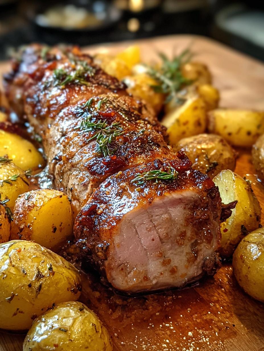 Solomillo Cerdo Horno Con, perfectamente dorado y jugoso, con patatas asadas y hierbas