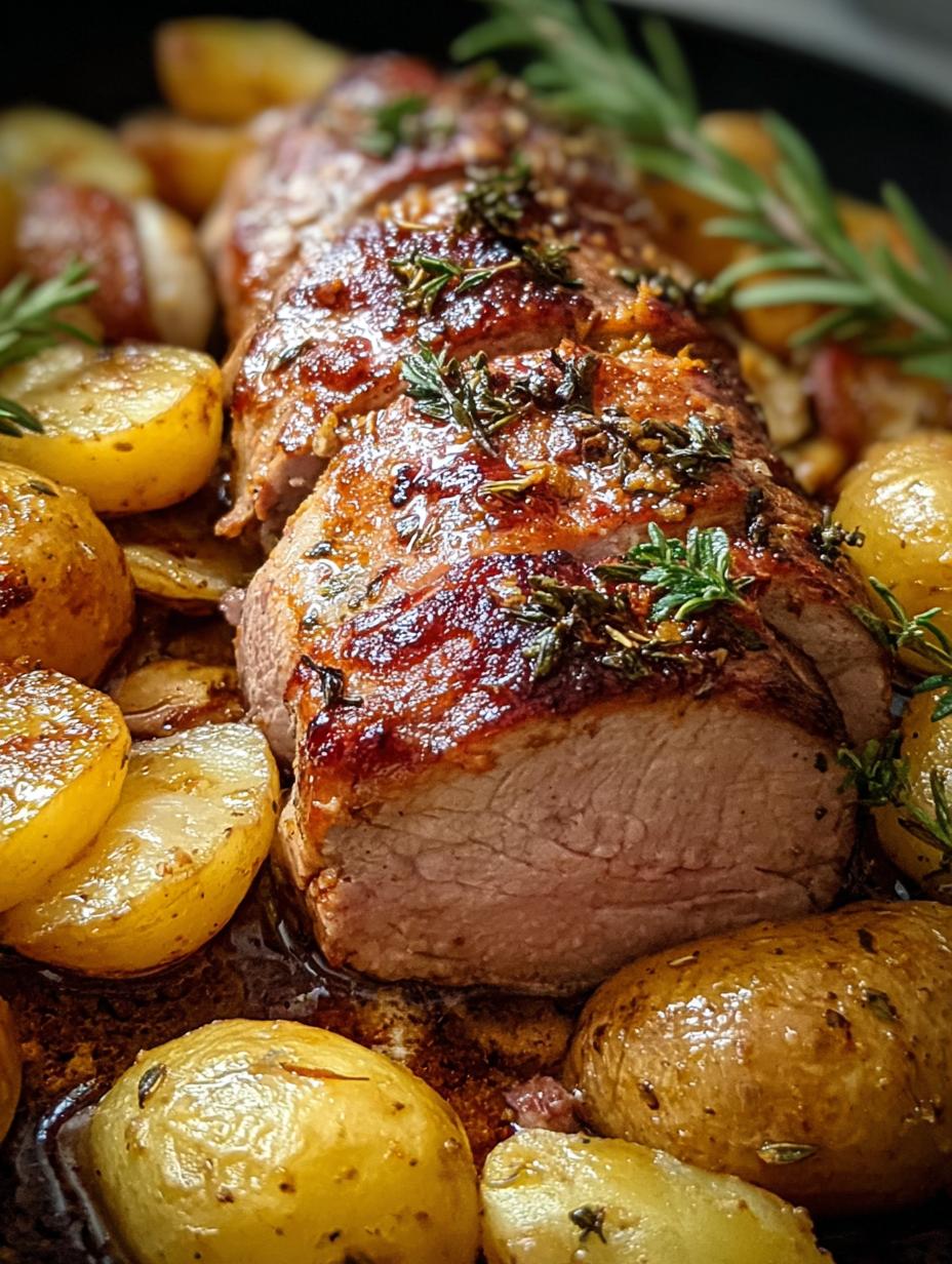 Delicioso Solomillo Cerdo Horno Con patatas asadas y hierbas frescas, listo para servir