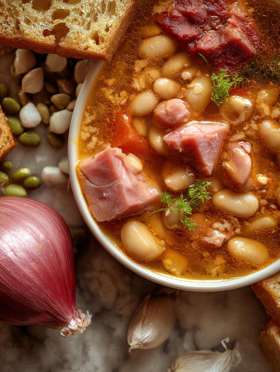 Reconfortante Sopa Jamon Frijoles casera en un tazón blanco, lista para calentar el alma